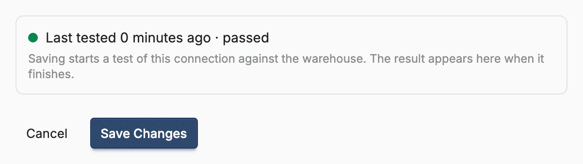 A connection's edit form, showing when it was last tested and whether it passed