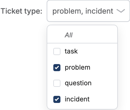 The Ticket type multiselect control and its open option menu, an italic All row above task, problem, question, and incident, with problem and incident checked